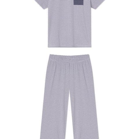 Pima Crew Wide Leg Pajama Set in English Navy Stripe 1