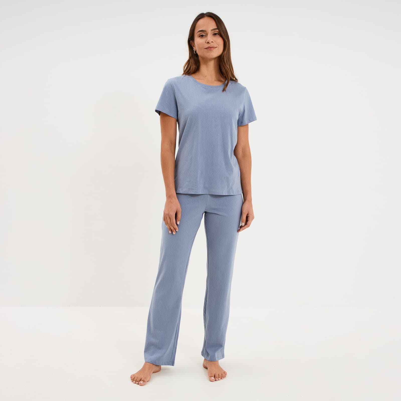 Ensemble pyjama t-shirt pantalon coton bleu gris femme 1
