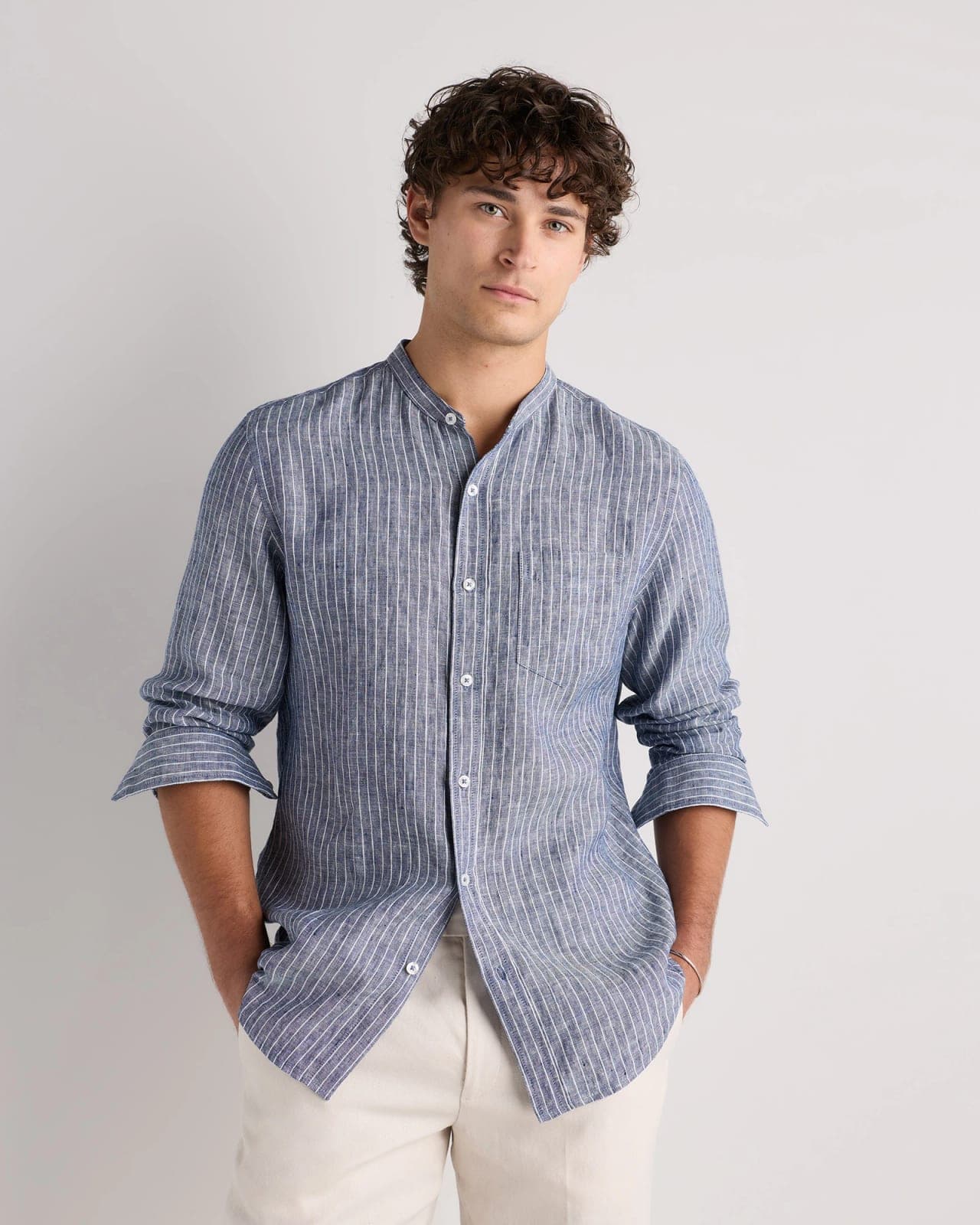 Men's 100% European Linen Banded Collar Shirt