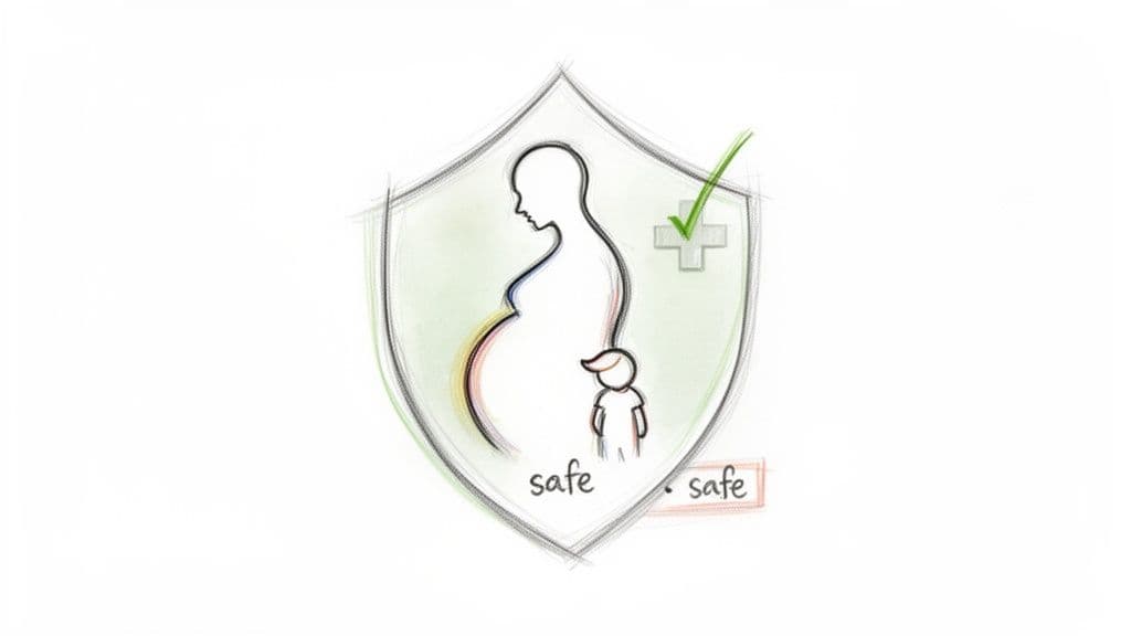 Sketch of a pregnant woman and child inside a shield with a green checkmark and medical cross, symbolizing health and safety.