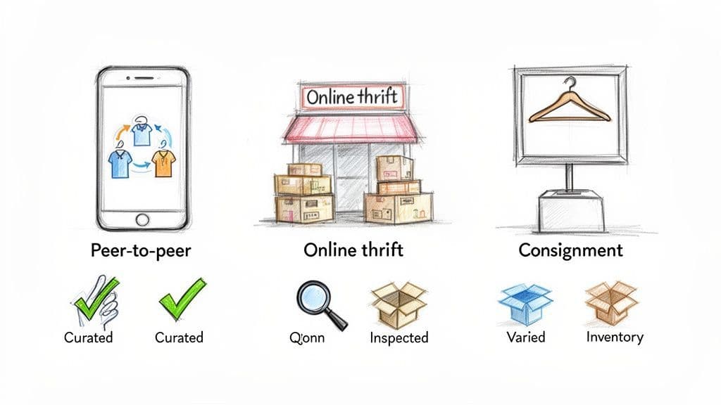 An illustration comparing peer-to-peer, online thrift, and consignment models for selling used clothing, highlighting key features.