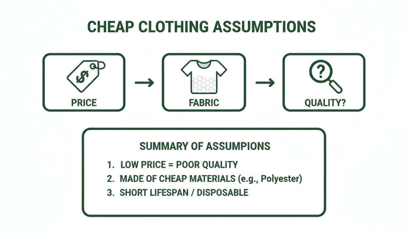 Flowchart illustrating common cheap clothing assumptions: low price equals poor quality, cheap materials, and short lifespan.