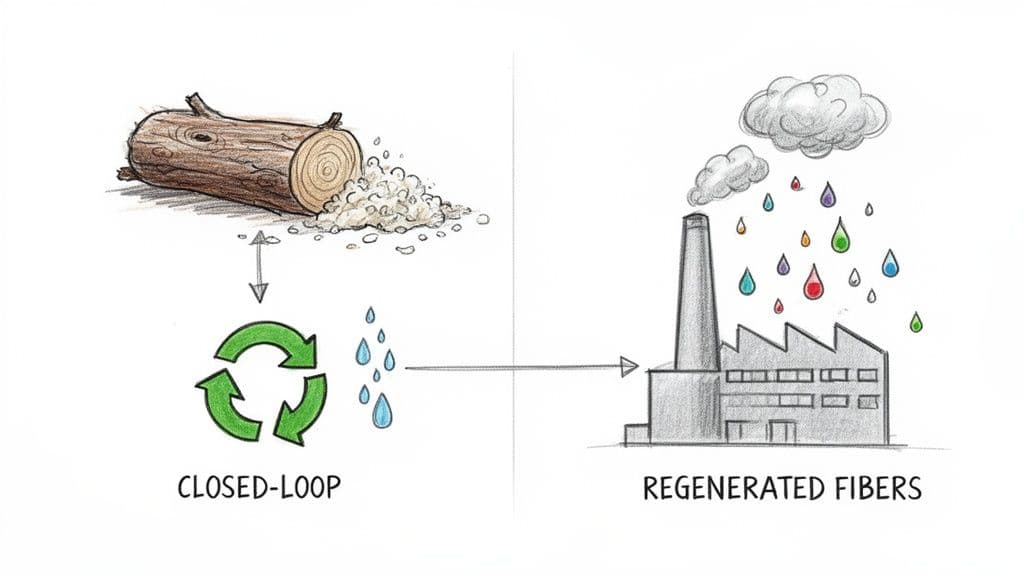 Illustration showing a closed-loop process of wood pulp and water in a factory to produce regenerated fibers.