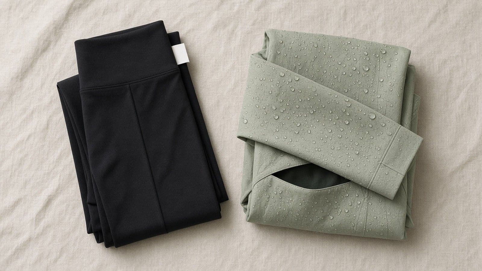 Folded black high-rise leggings with a blank tag beside a folded sage-green rain jacket with water beading on its fabric, on a pale linen surface.