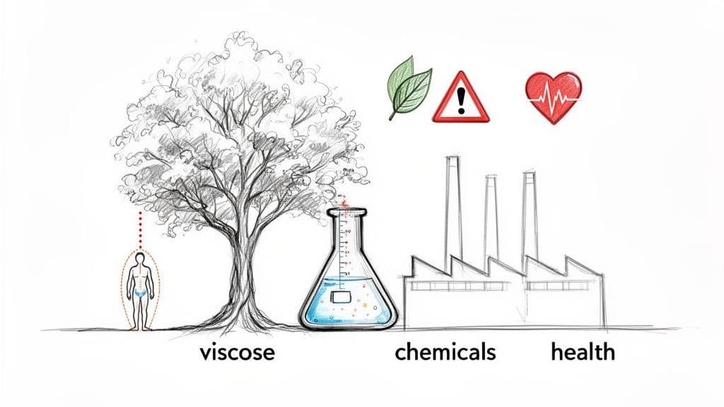 Diagram showing viscose production from trees, chemical processing in a factory, with environmental and human health impacts.