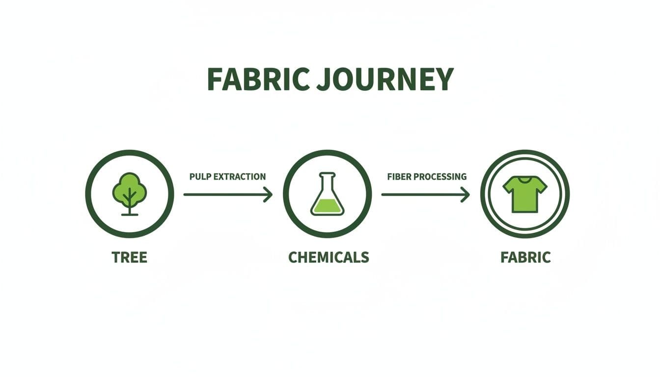 Diagram showing the journey from tree to fabric, through pulp extraction and chemical processing.