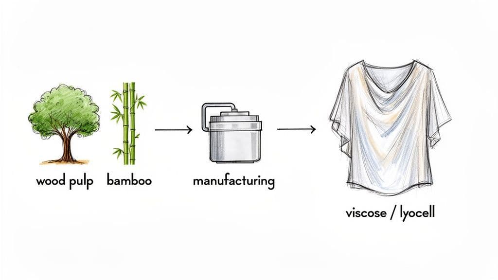 Flowchart illustrating the manufacturing process of viscose and lyocell fabric from wood pulp and bamboo.