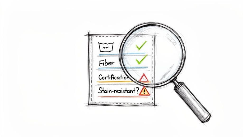 Magnifying glass inspecting a hand-drawn checklist of product qualities including fiber, certification, and stain-resistance, with checks and warnings.