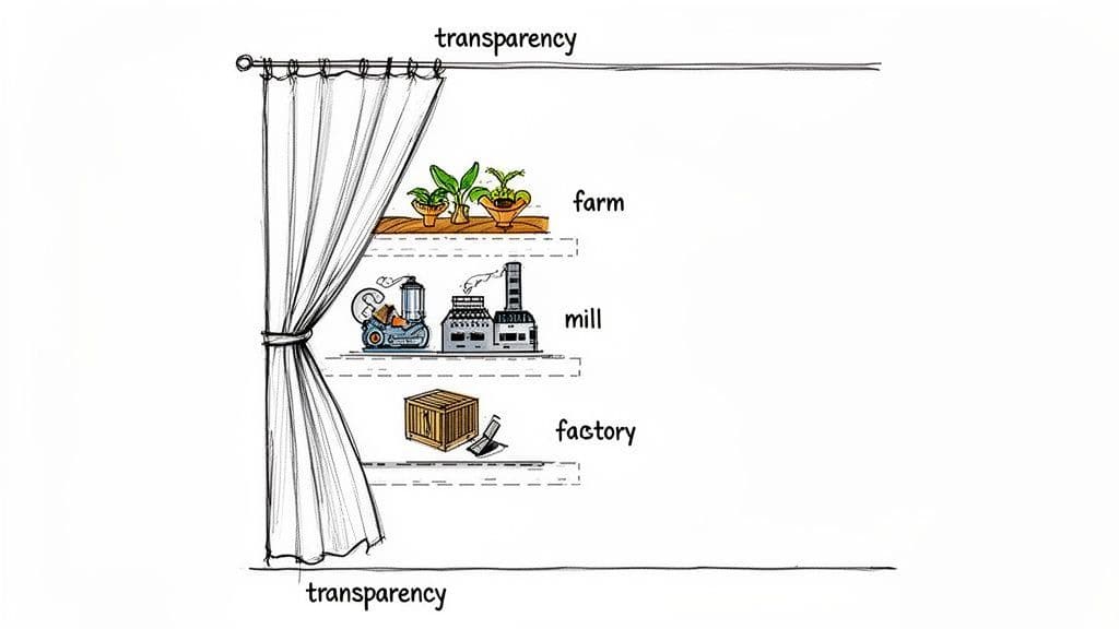 An illustration of a pulled-back curtain revealing a transparent supply chain: farm, mill, and factory stages.