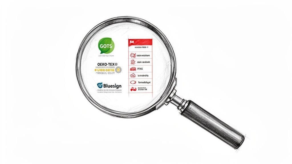 A magnifying glass highlights various textile certifications like GOTS, OEKO-TEX, Bluesign, and harmful substances.