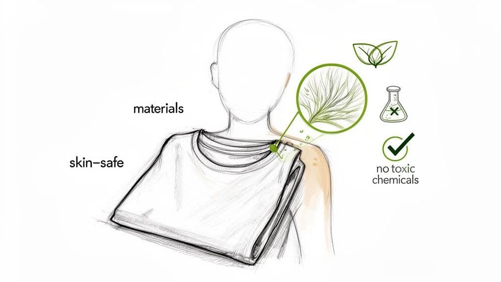 Illustration showing skin-safe clothing made from natural materials, free of toxic chemicals.