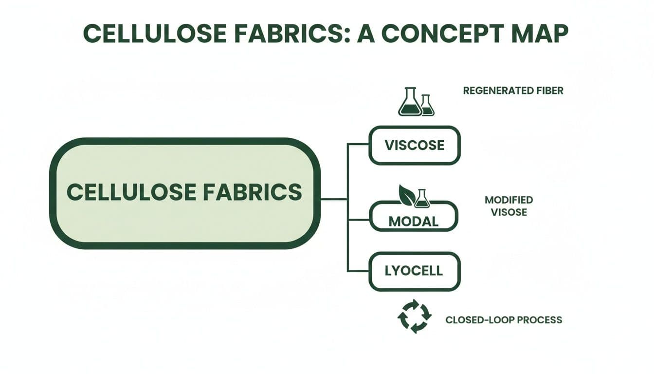 A concept map showing cellulose fabrics categorized into viscose, modal, and lyocell fibers.
