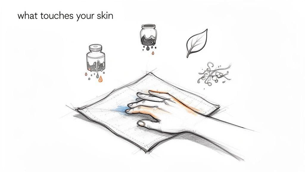 A hand touches a cloth, surrounded by bottles of liquid, a leaf, and a microscopic organism.