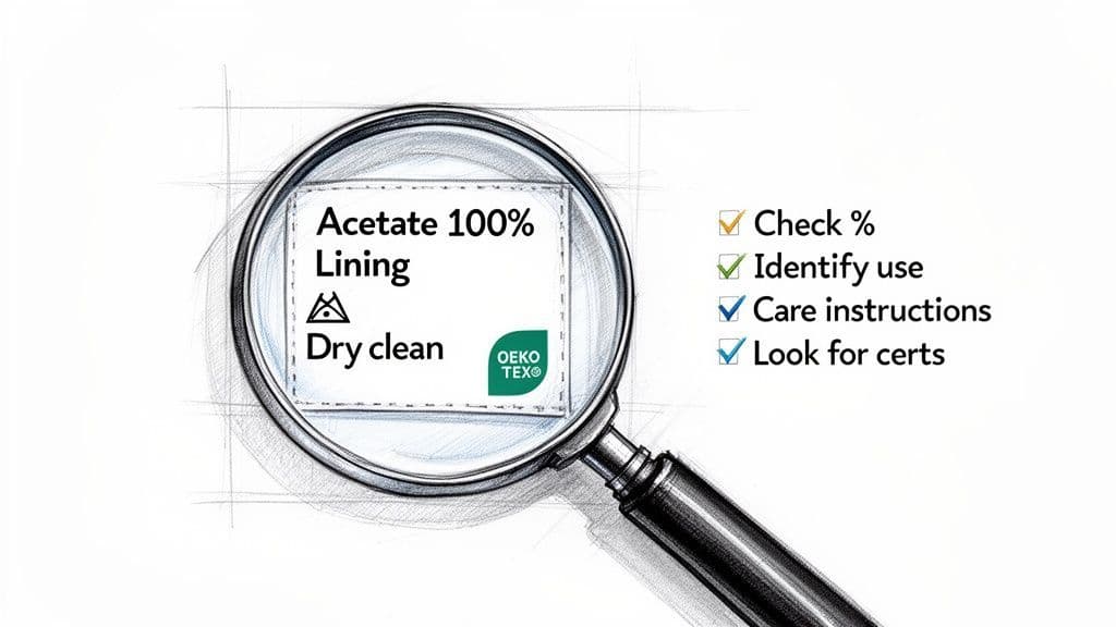 Magnifying glass examining a garment label showing Acetate 100% and dry clean instructions, with a checklist.