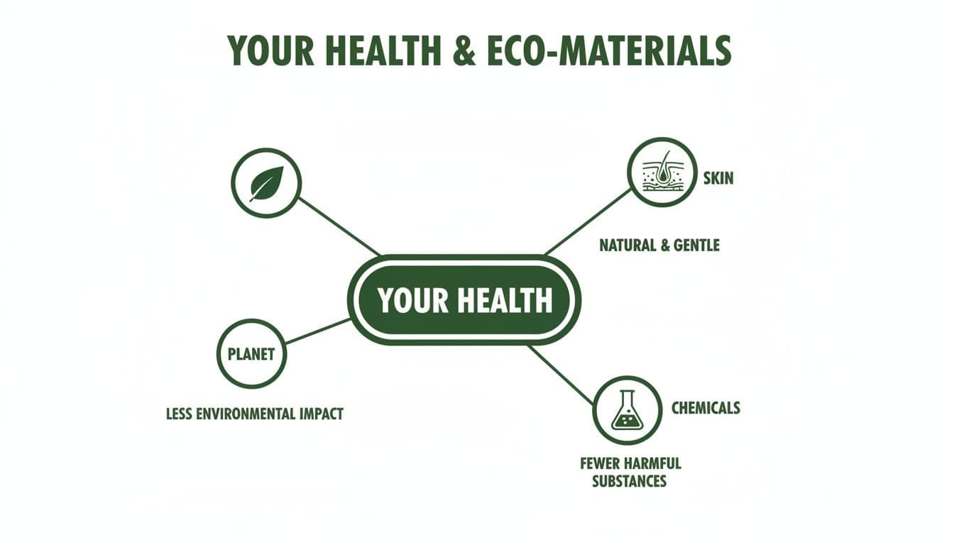 An infographic about "YOUR HEALTH & ECO-MATERIALS" showing connections to skin, planet, and fewer chemicals.