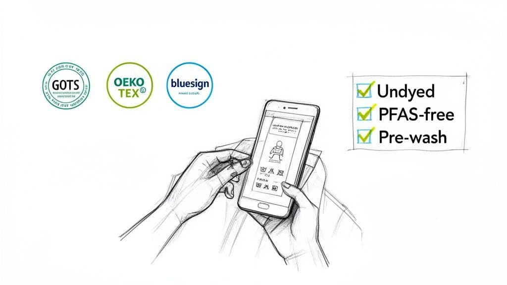 Illustration of sustainable textile certifications: GOTS, Oeko-Tex, bluesign, alongside garment care and eco-friendly features.