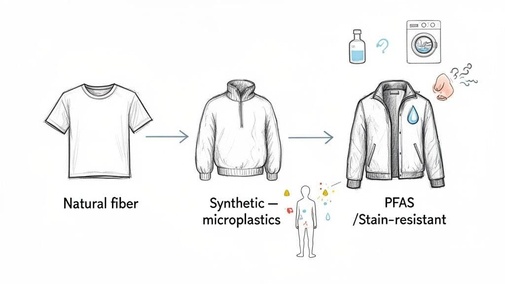 Illustration showing the progression from natural fiber clothing to synthetic microplastic garments, then PFAS/stain-resistant, highlighting environmental and health concerns.