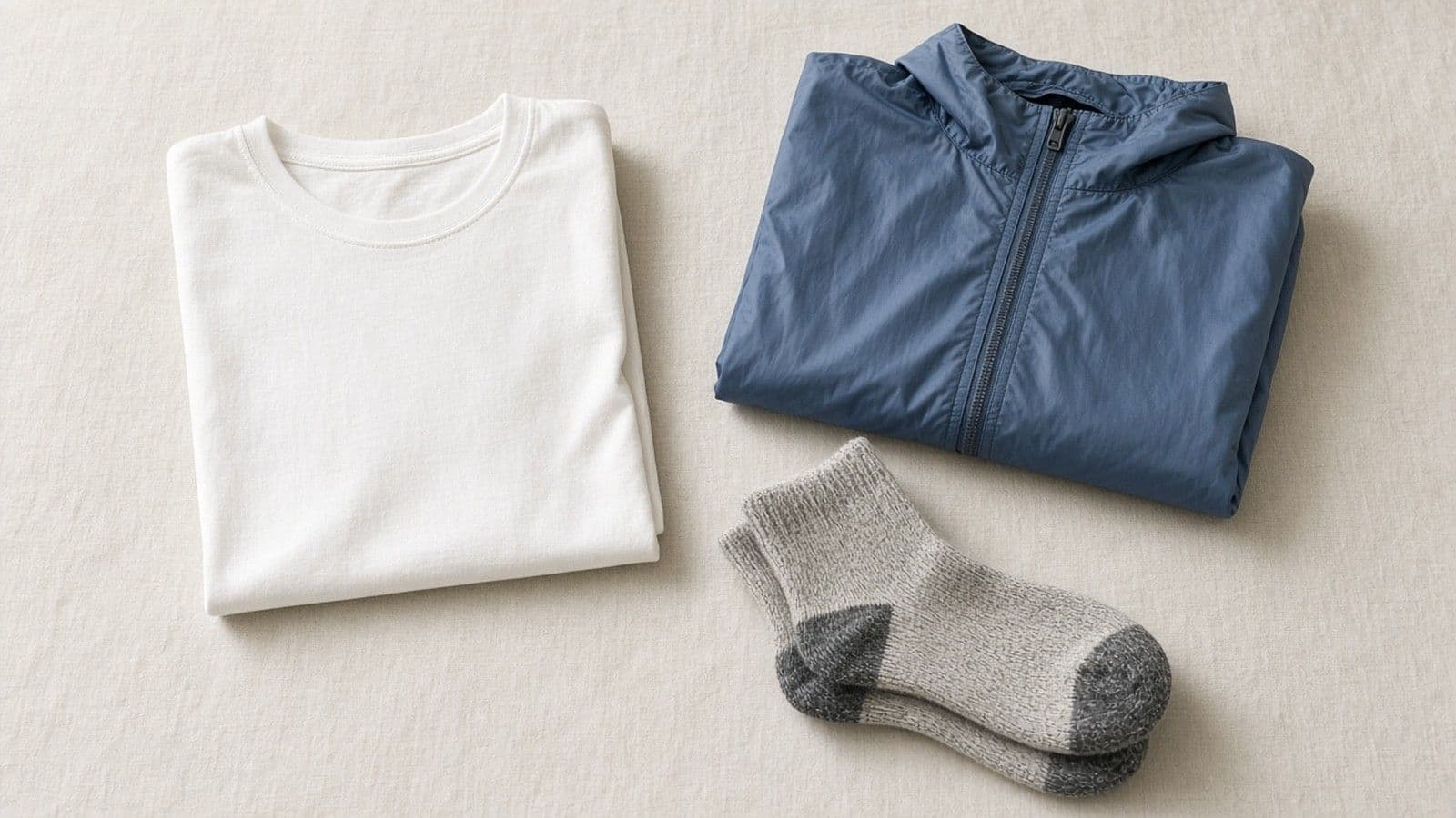 A flat lay of a folded white cotton t-shirt, a blue rain jacket, and gray wool socks with darker heels on a pale linen surface.