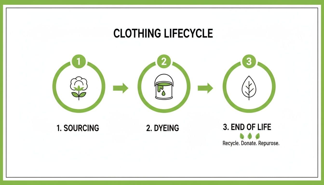 An infographic showing the clothing lifecycle with three steps: Sourcing, Dyeing, and End of Life options.