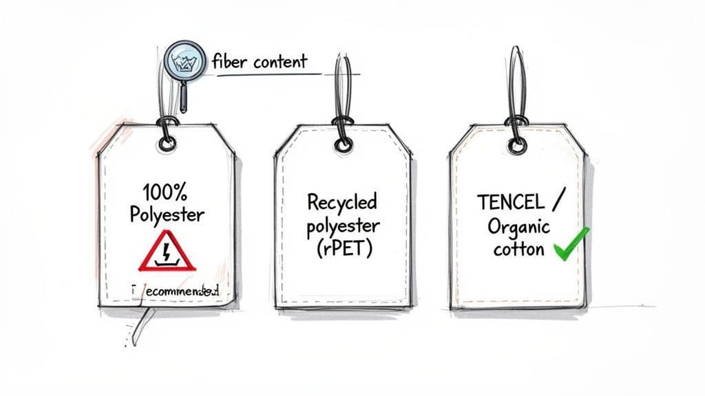 Three clothing tags illustrating fiber content: 100% polyester (warning), recycled polyester, and Tencel/organic cotton (recommended).