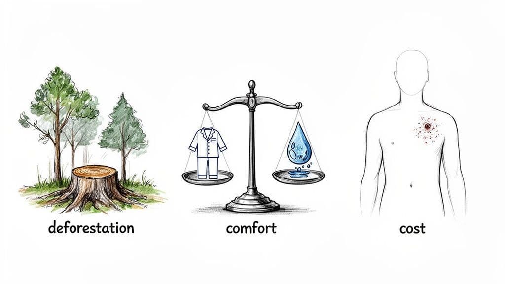 Illustration depicting deforestation, a balance of clothing comfort and water use, and the human cost.