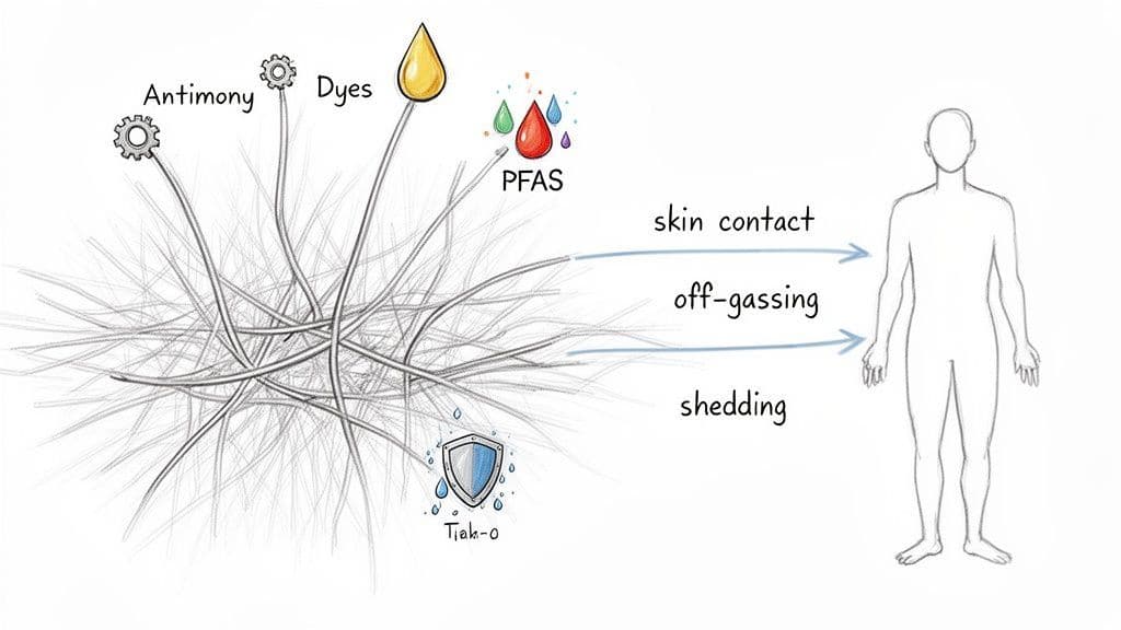 Textile chemicals (antimony, dyes, PFAS, Tlak-o) transfer to humans via skin contact, off-gassing, and shedding.