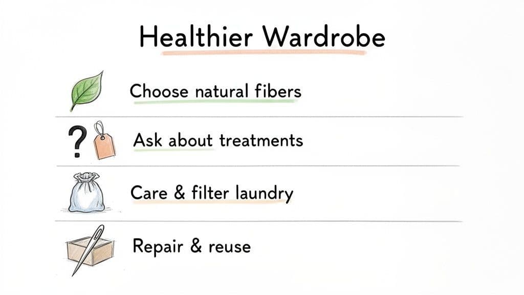 An infographic with four tips for a healthier wardrobe: natural fibers, treatments, laundry care, and repair.