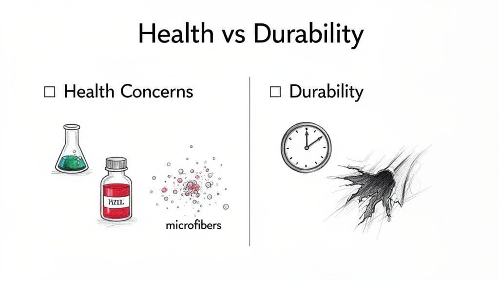 A diagram illustrating health concerns with chemicals and microfibers versus product durability with a clock and tearing.