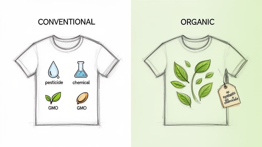 Comparison of conventional and organic T-shirts, showing pesticides, chemicals, and GMOs versus natural leaves and no synthetics.