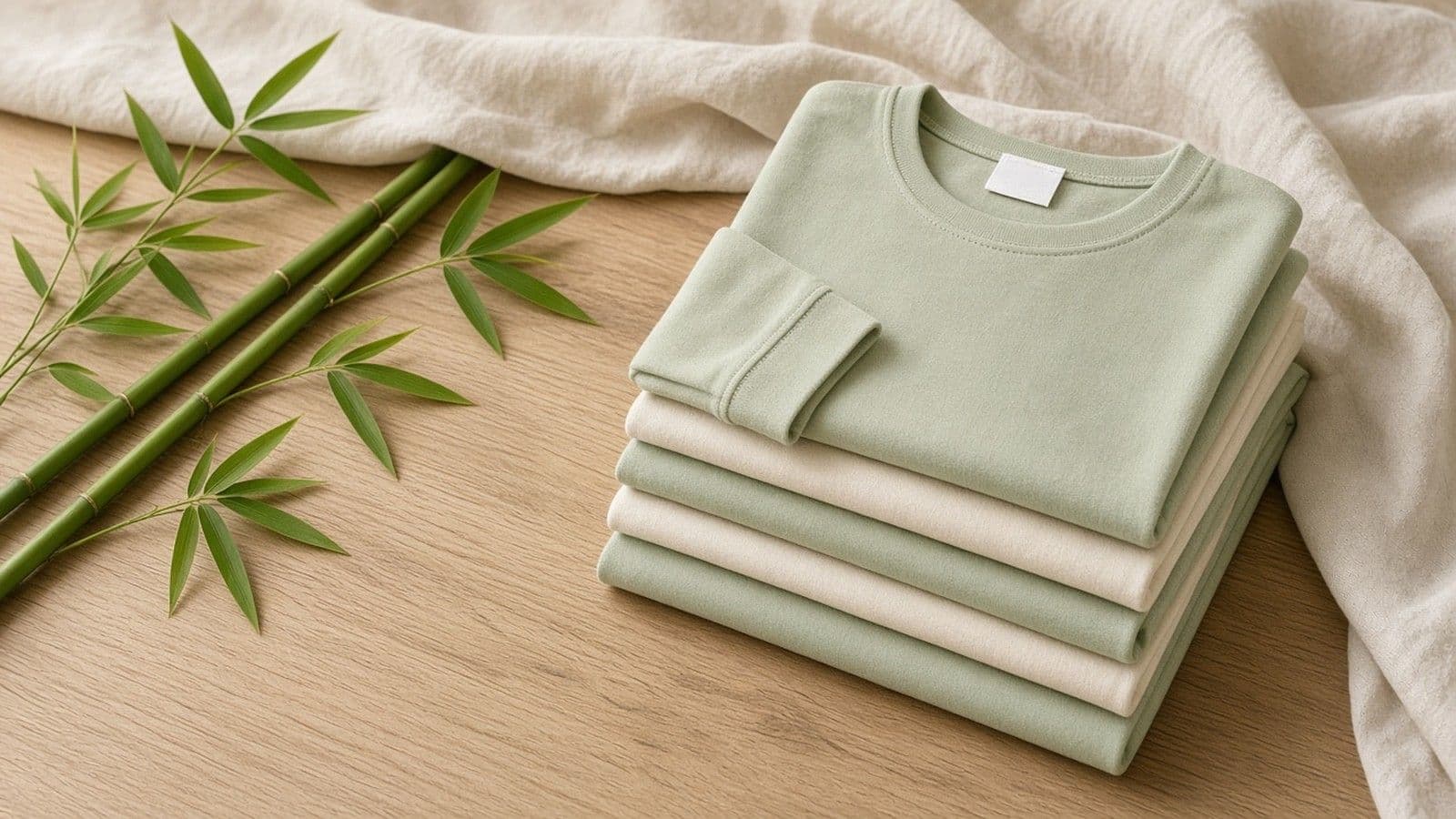 Fresh green bamboo stalks lying beside a neat stack of folded sage and cream children's pajama tops on a light wood surface.