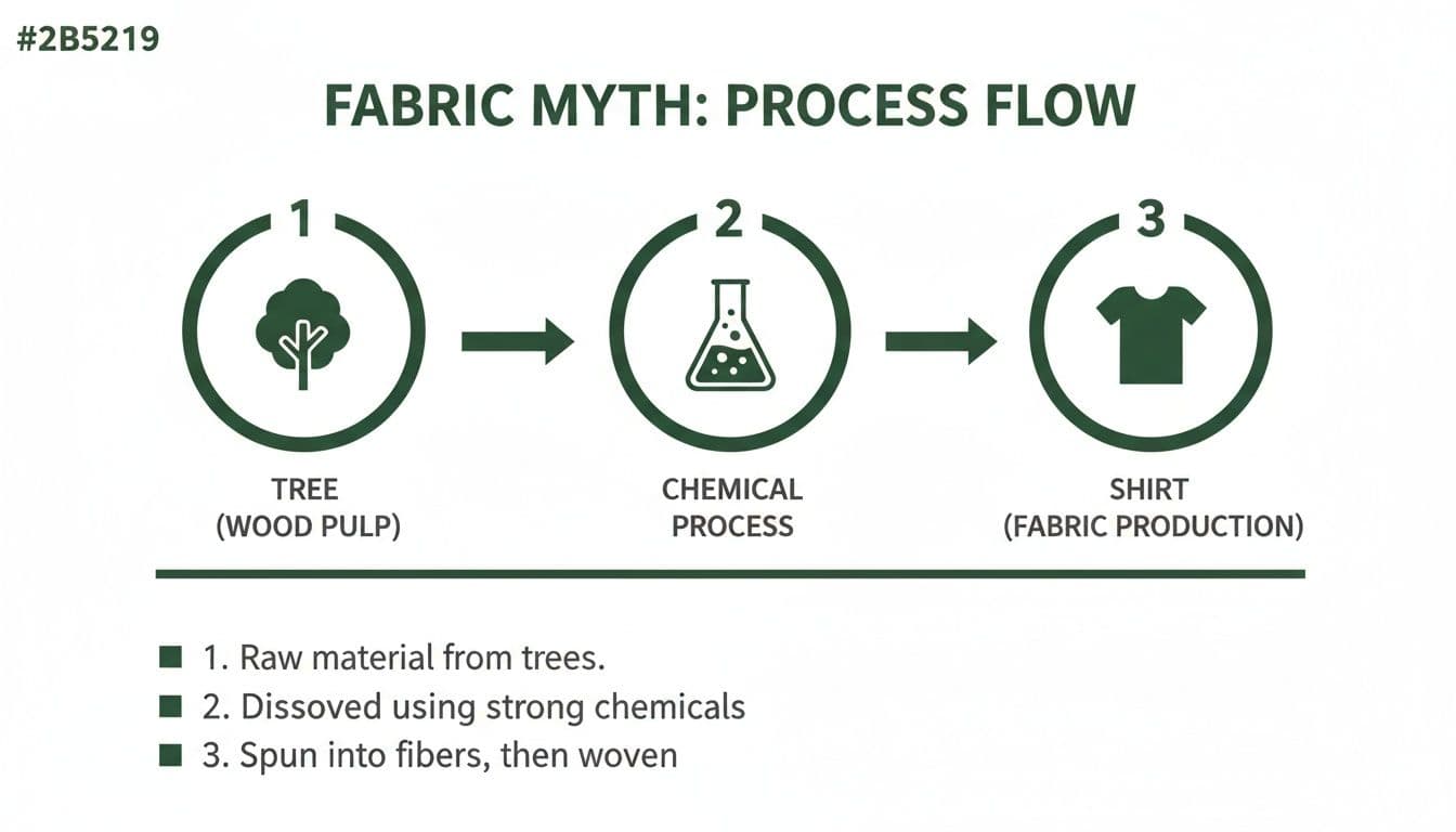 Flow chart illustrates fabric production: starting with a tree for wood pulp, followed by a chemical process, resulting in a shirt (fabric production).