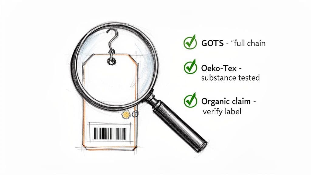 Magnifying glass examining a product tag with a barcode and a question mark, next to organic certifications list.