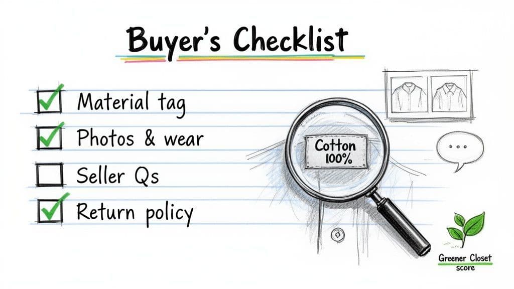 Buyer's checklist for used clothing, emphasizing material, wear, seller questions, and return policy.