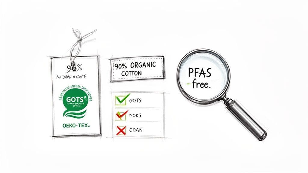Various product labels and certifications for sustainable activewear, including GOTS, Oeko-Tex, organic cotton, and PFAS-free.