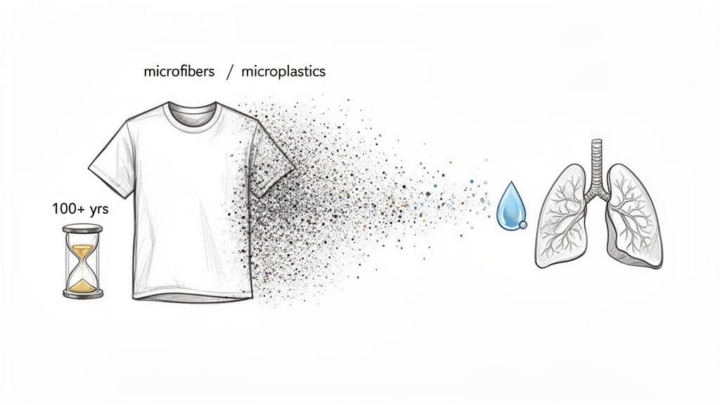 A white t-shirt disintegrates into microfibers and microplastics, impacting water and human lungs, over 100+ years.