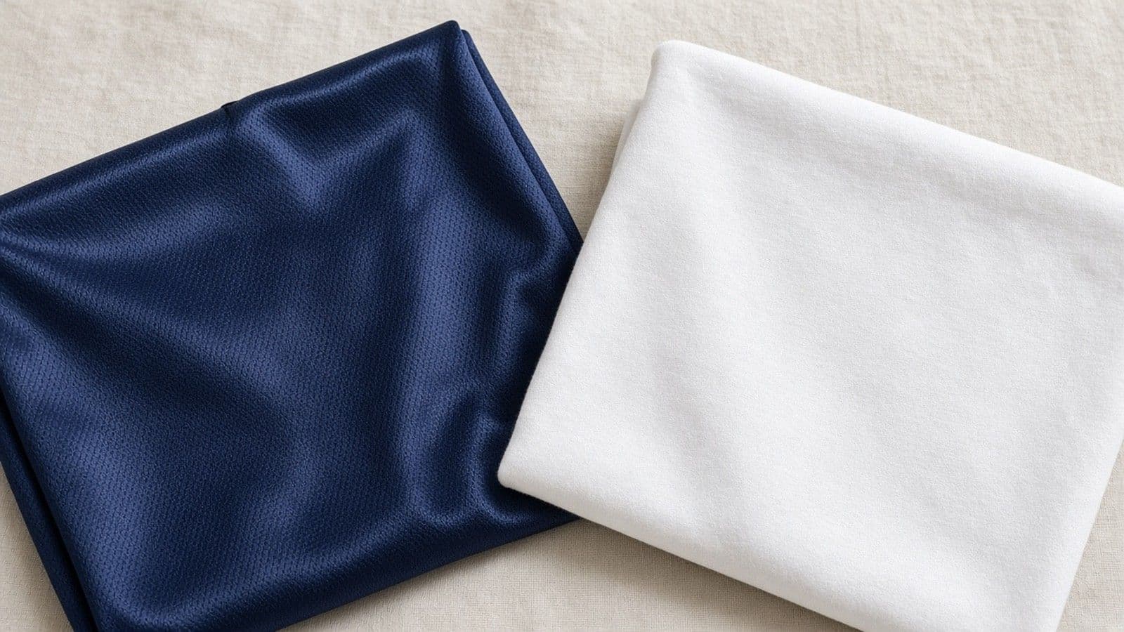 A folded navy polyester athletic top with a slight sheen beside a folded matte white cotton t-shirt on pale linen, showing the difference in their weaves.