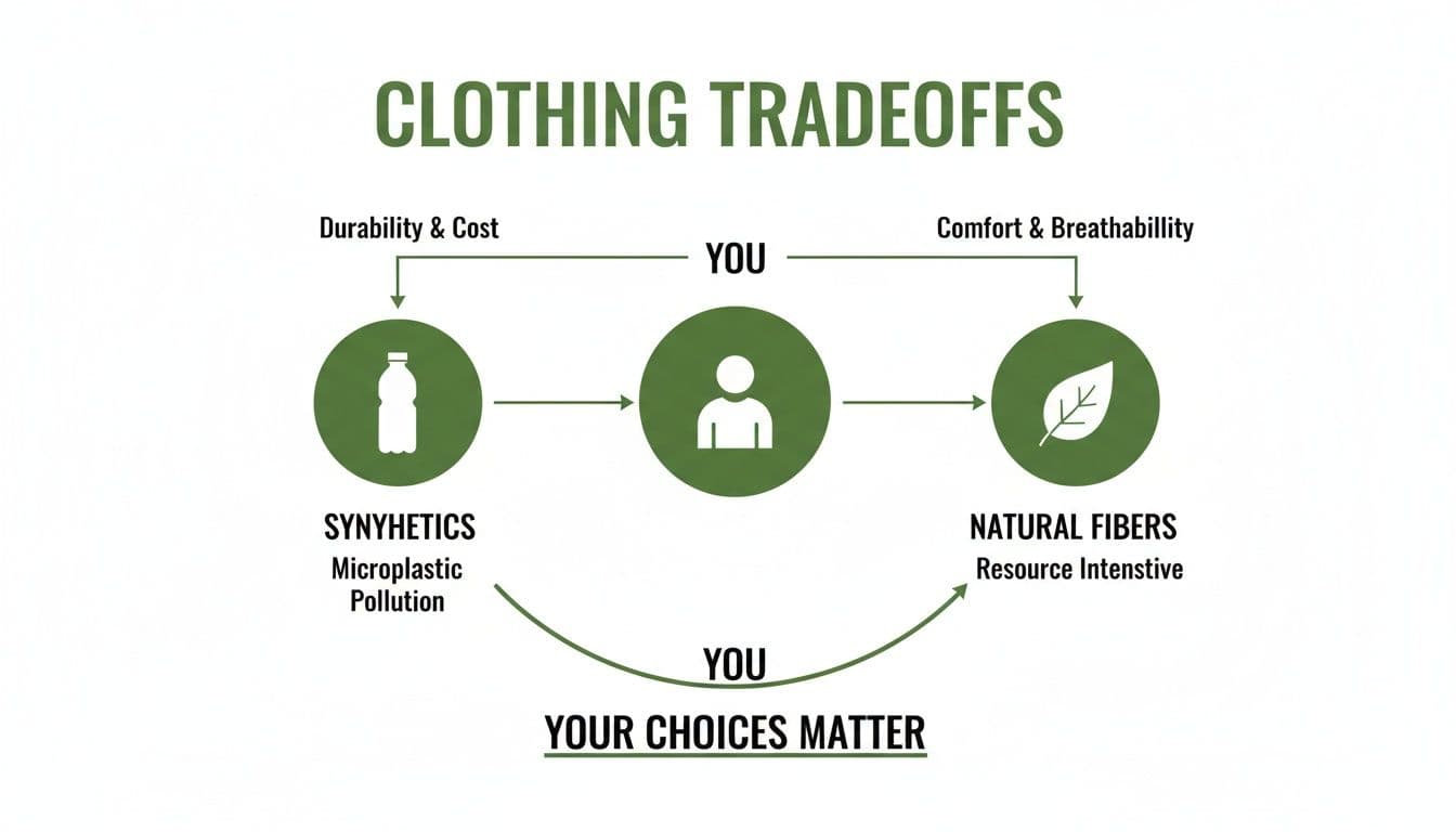 Infographic on clothing tradeoffs: synthetics vs. natural fibers, highlighting pros, cons, and consumer choice impact.