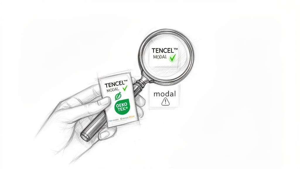 Sketch illustrating TENCEL™ MODAL certification with a magnifying glass, contrasting it with generic modal.