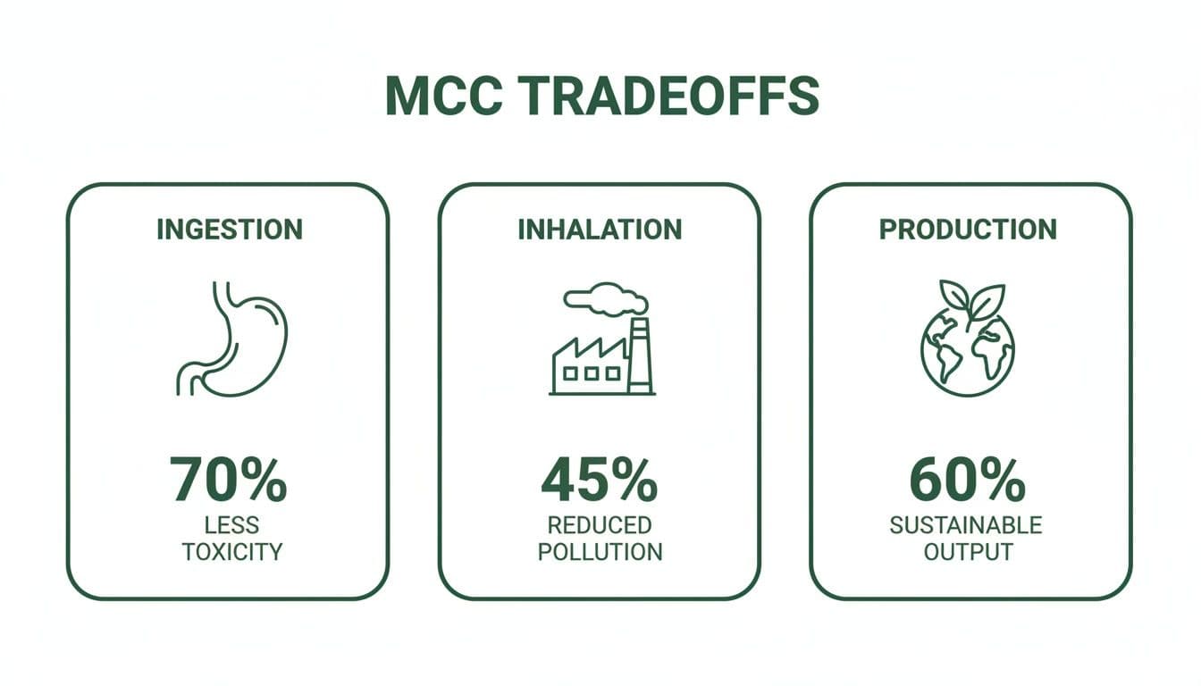 Infographic showing MCC tradeoffs: 70% less toxicity for ingestion, 45% reduced inhalation pollution, 60% sustainable production output.