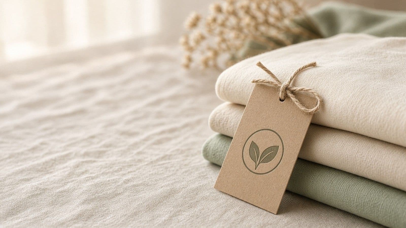 A kraft paper hang tag with a leaf emblem tied to a stack of folded organic cotton t-shirts in cream and sage.