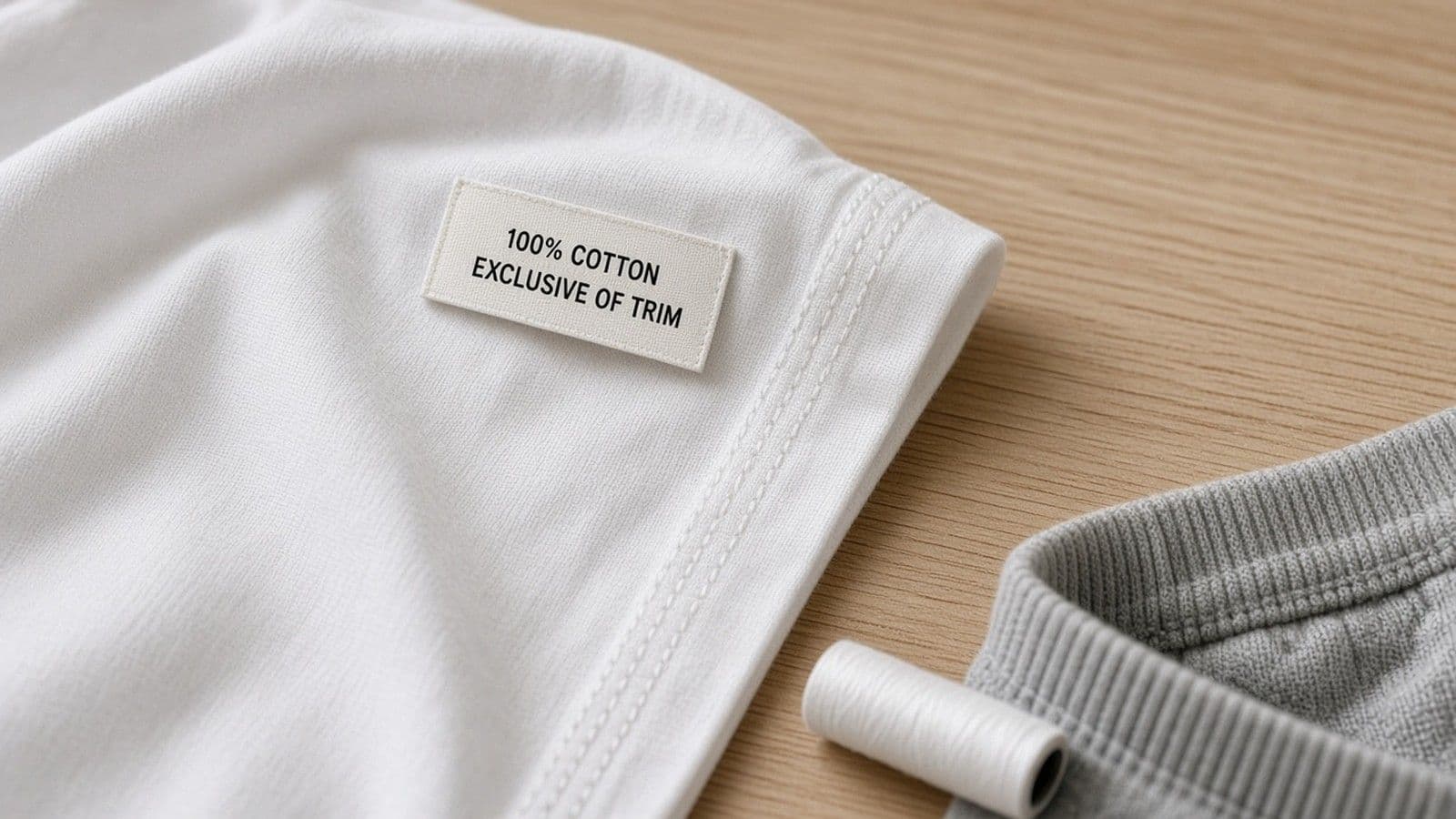 An inside-out white cotton t-shirt with a label reading 100% cotton exclusive of trim, beside a spool of thread and a ribbed waistband on a wood table.