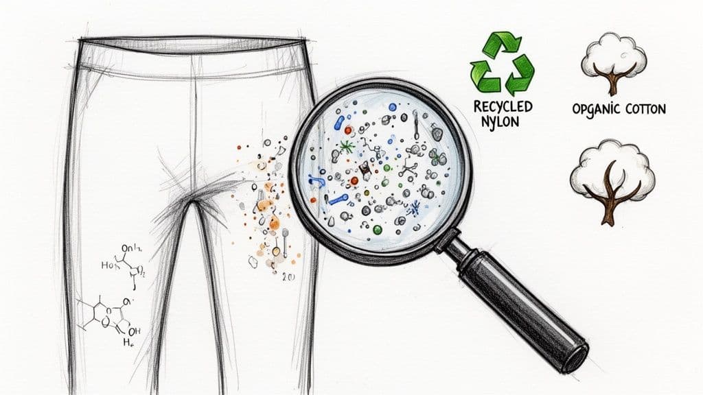 Pants illustration, magnifying glass revealing microparticles, with symbols for recycled nylon and organic cotton.