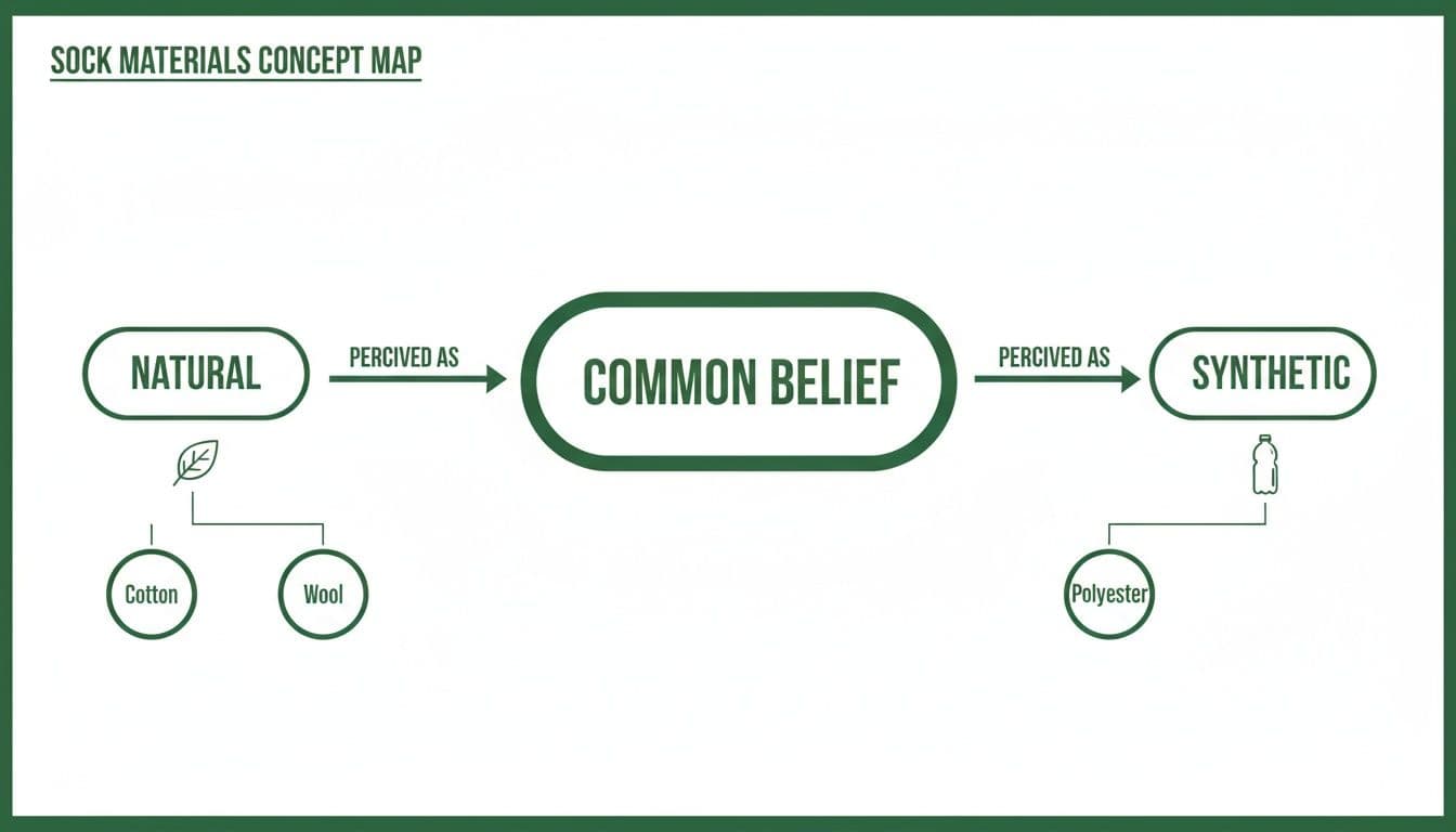 A concept map showing natural sock materials like cotton and wool, and synthetic material polyester, linked by perceived common beliefs.