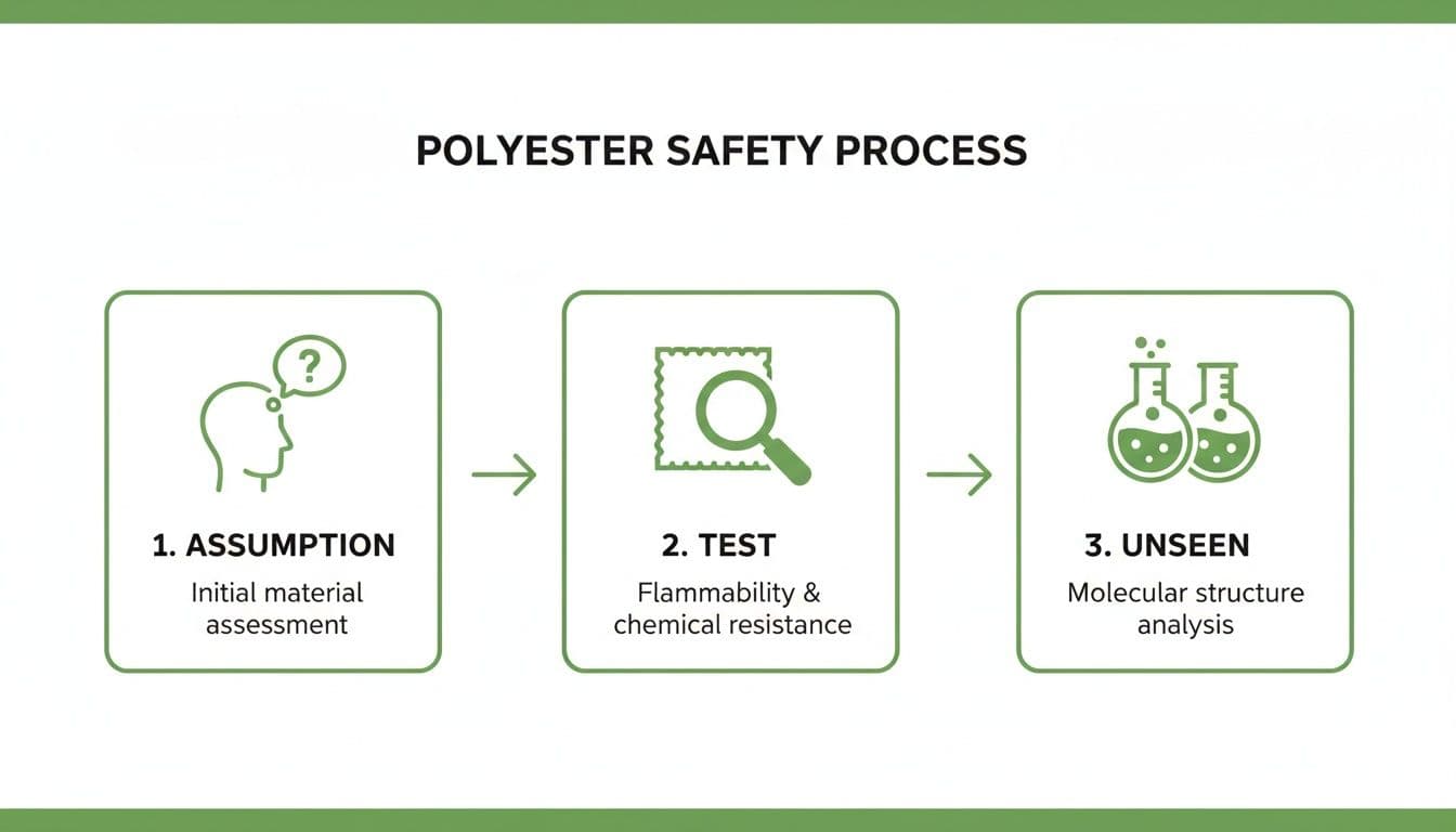A diagram outlining the Polyester Safety Process with three steps: Assumption, Test, and Unseen analysis.
