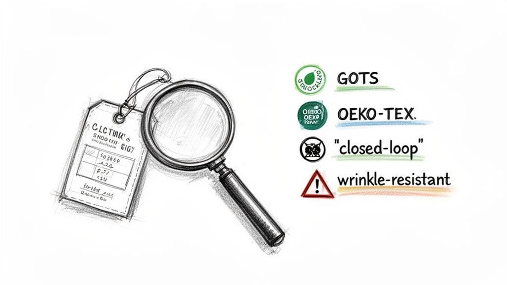 Sketch of magnifying glass inspecting a clothing tag, beside labels like GOTS, OEKO-TEX, closed-loop, and wrinkle-resistant.