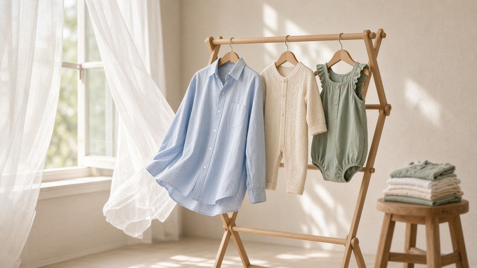 A light blue cotton shirt and two baby outfits in cream and sage green airing on a wooden drying rack beside an open window, with sheer curtains blowing in the breeze.