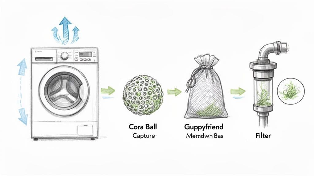 Diagram illustrating methods to capture microfibers and microplastics from laundry, including a washing machine, Cora Ball, Guppyfriend bag, and a filter.