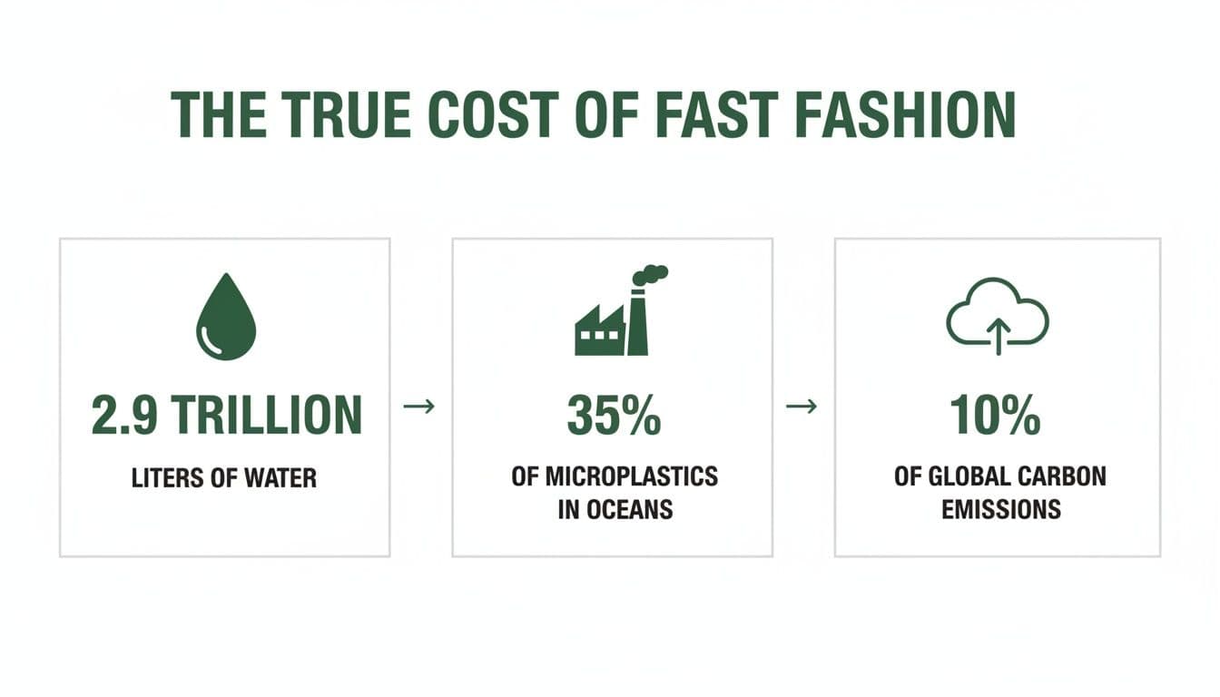 Infographic detailing the environmental costs of fast fashion: water, microplastics, and carbon emissions.