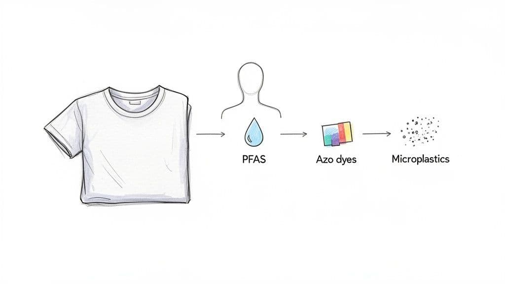 Diagram showing a t-shirt leading to PFAS, azo dyes, and microplastics, representing textile environmental impact.