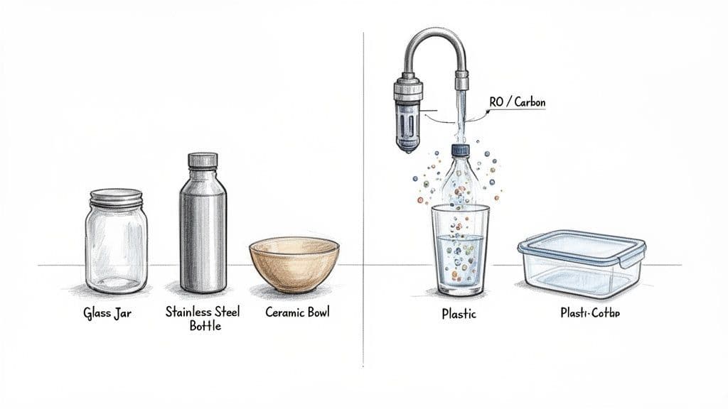 Illustration showing glass jar, stainless steel bottle, ceramic bowl as alternatives to plastic containers releasing microplastics.